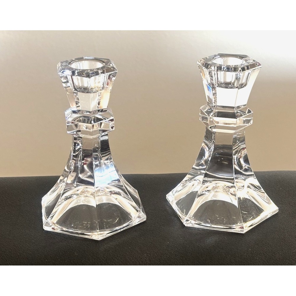 2 Vtg Geometric Crystal Candlestick Holders Elegant Design Towle Austria 4.75" T